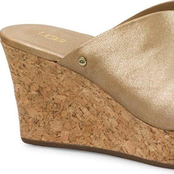 UGGS Dominque Gold Tan Leather Sandals Wedges Platforms Size 9.5 - Picture 2 of 9
